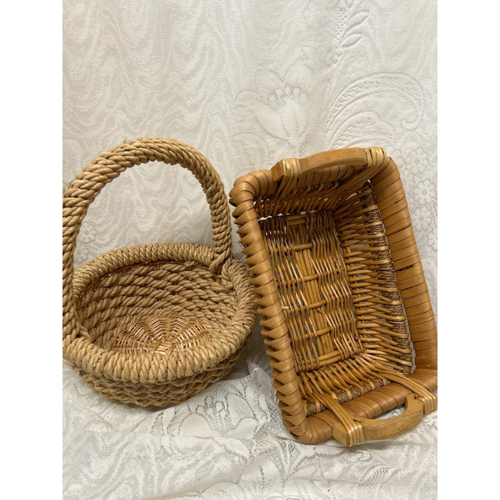Vintage Woven Wicker Basket Set Round Rope Handle and Rectangular Wood Handle